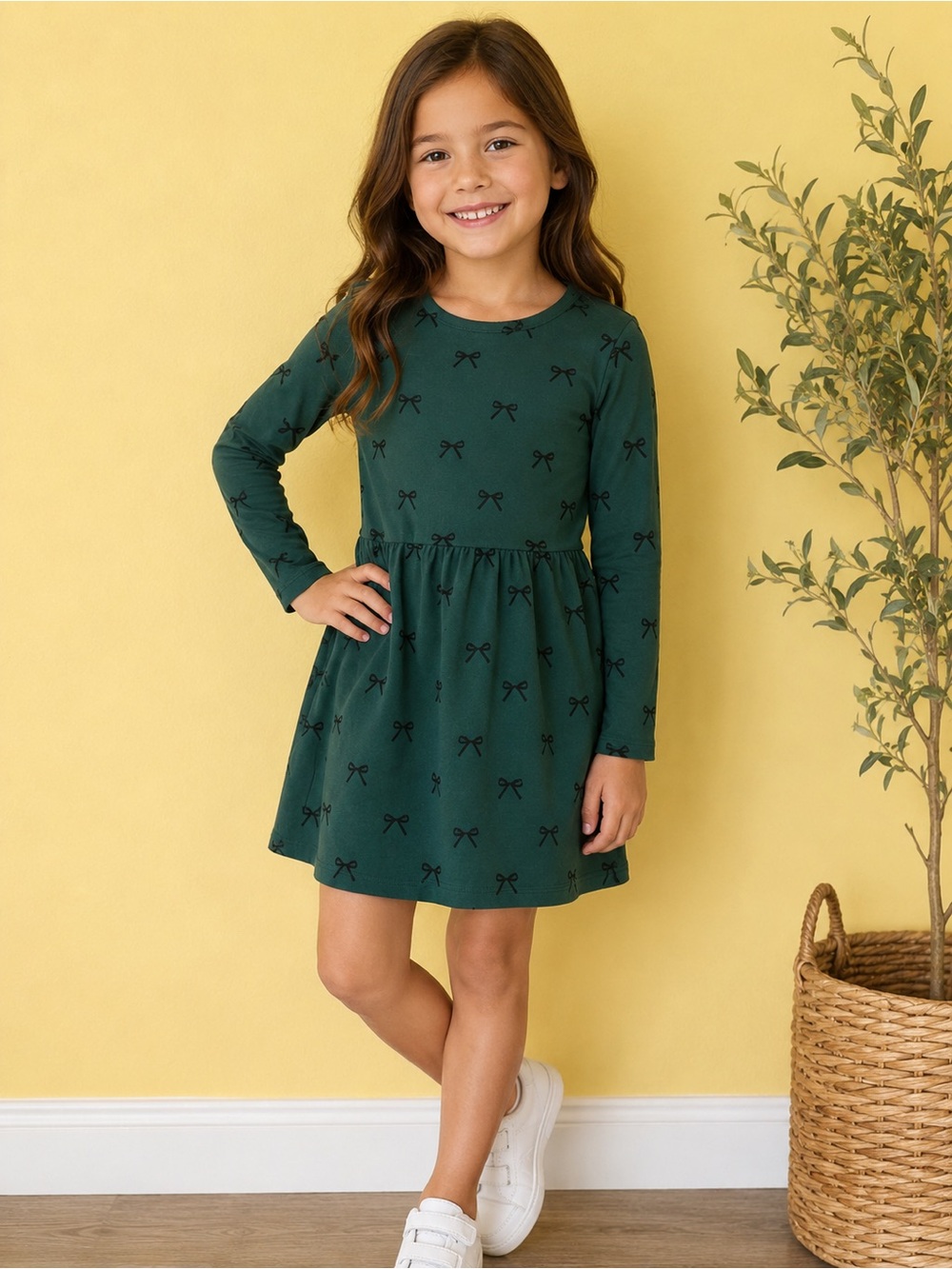 Cat & Jack Girl’s Forest Green Long Sleeve Bow Print Dress NWT 6/7